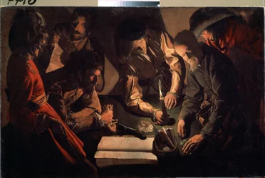 A pénzkölcsönzőnél (Fizetés). (Az uzsorásoknál. Fizetés). Georges de La Tour (1583-1652) festménye, 1640 körül. Barokk művészet. Olajfestmény. Állami Művészeti Galéria, Lviv