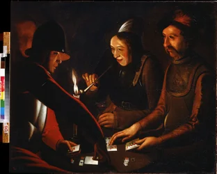 Katonák kártyáznak. Katonák játékkártyák. Georges de La Tour (1583-1652) kíséretének festménye. Olajfestmény. Regionális A. Deineka Művészeti Galéria, Kurszk (Kurszk), Oroszország.