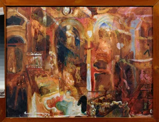 Kávézó (Cafe) - Georgi Bogdanovich Yakulov (1884-1928) munkája, akvarell és fehér papíron, orosz művészet, 20. század, futurizmus - Regionális Művészeti Múzeum, Kaluga (Oroszország)