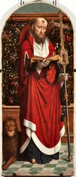 Szent Jeromos poliptichon tábla a San Gerolamo della Cervara templomból - Gerard David festménye (kb. 1460-1523) 1506 Méret 65x150 cm Genes Musei di Strada Nuova (ex Palazzo Bianco) Olaszország