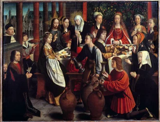 A kánai menyegző. A víz borrá változásának csodája egy lakodalmi lakoma során, amelyre Jézus és Mária is meghívást kapott. Gerard David (1460-1523) festménye. 1 x 1,28 m