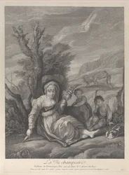 Vidéki nő ül a tájban két fiúval az oldalán, 1729-40.