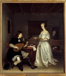 A Duó; énekes és lantos theorbo. Gerard Ter Borch (1617-1681) festménye, holland