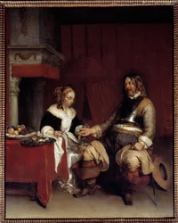A katonai vitéz vagy fiatal nő, akinek a férfi pénzt ajánl fel. Gerard Ter Borch (1617-1681) festménye, holland
