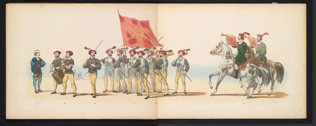 A leideni diákok maskara, 1855 (12. tábla) A Leidsche Hoogeschool 280. évfordulója alkalmából 1855. június 12-én, a Leidsche Hoogeschool fennállásának 280. évfordulója alkalmából rendezett jelmezes felvonulás, amely Karel V. bin belépését ábrázolja.