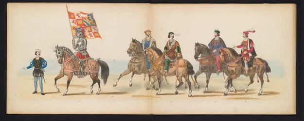 A leideni hallgatók maskarádéja, 1855 (7. tábla) A Leidsche Hoogeschool fennállásának 280. évfordulója alkalmából rendezett jelmezes felvonulás, amelyet a leideni diáktestület tagjai tartottak 1855. június 12-én, V. Károly belépését ábrázolva.