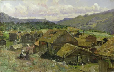 Egy norvég falu két nővel (olaj, vászon)