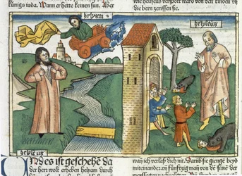 2 Királyok 2 1-24 Illés forgószélben felmegy a mennybe, és az Elizeust gúnyoló fiúkat megeszik a medvék, a nürnbergi Bibliából (Biblia Sacra Germanaica) (színes fametszet)