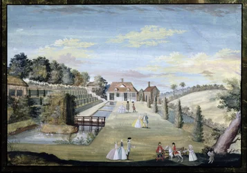Egy hivatalos vízi kert teraszokkal, vízparterekkel és felvonuló figurákkal, 1730 körül