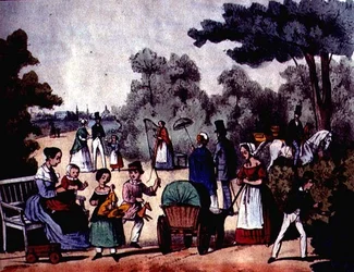 Német park nyáron, 1860 körül (színes metszet)
