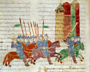 Miniatűr lovasok a "De Universo" (vagy De rerum naturis (De la Nature des choses)) (132. kódszám) Rabanus Maurus Magnentius (vagy Raban Maur vagy Rabano Mauro) kéziratából (kb. 780-856). 9. század. A Monte Cassino apátság archívuma (Cassin-hegy)