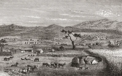 Egy település Kouiharában, Nyugat-Afrikában, illusztráció a „The World in the Hands” című könyvből, 1878-ban.