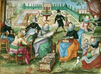 Add.1 7025 fol.50 Hímzésüknél ülő hölgyek a „Gervasius Fabricius Amicorum albumából” (színes litó)