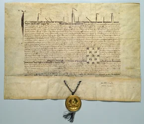 IV. Károly (1316-78) római római császár bullája, 1365. január 29. (tinta pergamenen, aranypecséttel)