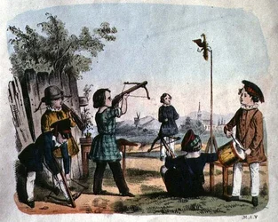 Gyerekek célba lőnek egy arquebuse-zal, 1860 körül (színes metszet)