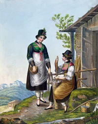Tejészlányok az Alpokban Tegernsee közelében, 19. század eleje (színes metszet)
