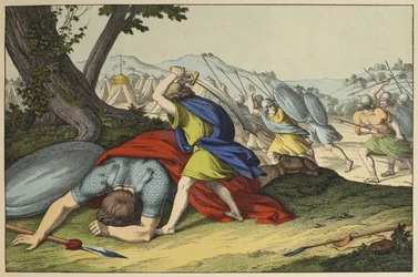 Dávid és Góliát, illusztráció a LAncien Testamentből, kiadó: Jakob Ferdinand Schreiber, Esslingen (színes metszet)
