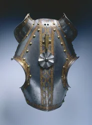 Demi-chanfron, Augsburg, 1550 körül (maratott és aranyozott acél bőrrel)