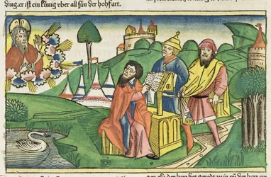 Deuteronómia: Elülső kép, amelyben Isten alkotja a törvényeket, a Nürnbergi Bibliából (Biblia Sacra Germanaica) (színes fametszet)