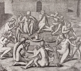 Fogolyhús evése a régi történész szerint, Gottfried „Historia Antipodum” kocsmájából. 1655, a „The Romance of the River” kötetből. Én, W. H. Koebel, 1914
