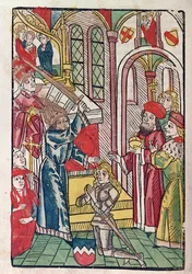 Luxemburgi Zsigmond császár (1367-1437) lovagnak titulálva (színes fametszet)