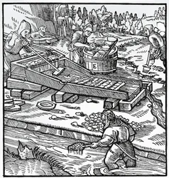 Metszet a De re metallicából (A fémek természetéről), Georg Pawer vagy Georgius Agricola (1494-1555)