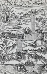 Metszet a De re metallica-ból (A fémek természetéről), Georg Pawer vagy Georgius Agricola (1494-1555) Bázelben jelent meg