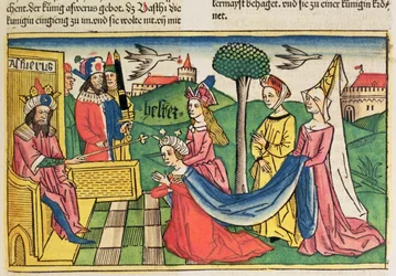 Eszter 2 15-18, Esztert Ahasvérus perzsa király választotta királynővé, a nürnbergi Bibliából (Biblia Sacra Germanaica) (színes fametszet)