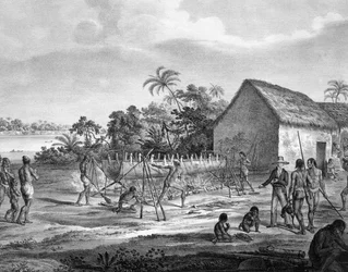 Európai cserekereskedelem a miranha törzs folyami kikötőjében, Amiro Japara, illusztráció a brazil utazás atlaszából