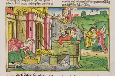 Exodus 2 1-6 Mózes lebegtetve a Níluson, és a fáraók egyik felesége fedezte fel a nürnbergi Bibliából (Biblia Sacra Germanaica) (színes fametszet)