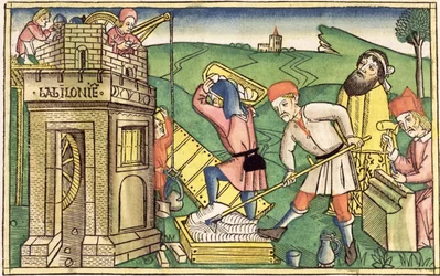 Genesis 11 1-9 Bábel tornyának építése, a Nürnbergi Bibliából (Biblia Sacra Germanaica) (színes fametszet)