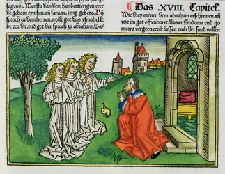 Genesis 18 2 Ábrahám és a három angyal, a nürnbergi Bibliából (Biblia Sacra Germanaica) (színes fametszet)