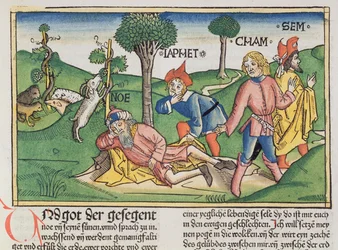 Teremtés könyve 9, 20-27: Noét fiai, Sém, Hám és Jáfet köpennyel takarják be, a nürnbergi Bibliából (Biblia Sacra Germanaica), színezett fametszet