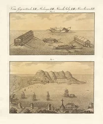 Gibraltár és az úszóelemek (színes gravírozás)