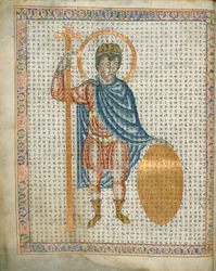 Harley 3045 fol.2 I. Lajos császár, a Jámbor, kezében egy kereszt és pajzs, a 