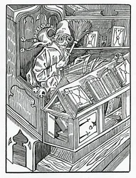Itt kezdődnek a folek és az első haszontalan boke-ok, illusztráció Alexander Barclay „A bolondok hajója” angol fordításából, egy 1874-ben megjelent kiadásból.