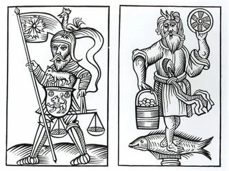 Az ókori szászok Hermensul vagy Irminsul (balra) és Crodon (jobbra) bálványai Herman Stangefol Annales Circuli Westphalia fametszete nyomán, 1656-ban.