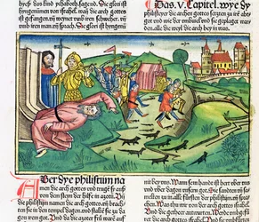 I. Sámuel 5:1-11 A filiszteusok megragadják a bárkát, és pestis sújtja őket, a nürnbergi Bibliából (Biblia Sacra Germanaica) (színes fametszet)