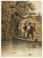 Illusztráció az Amazonas folyó európaiak általi meghódításáról. a „De Bootslieden der Amazon-River”, Karl Muller, Hollandia