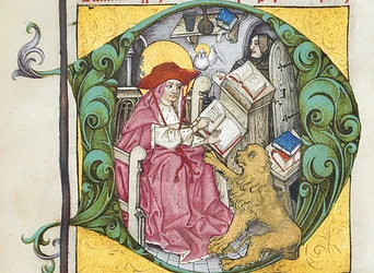 D kezdőbetűje az Epistolae Hieronymusból, Szent Jeromos leveleiből és traktátusaiból, szerkesztette Adrianus Brielis