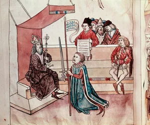 Egy lovag felavatása. Miniatúra Ulrich Richental (1360-1437) „A konstanzi zsinat krónikája“ című művéből, 1438 körül, Prága, Nemzeti Könyvtár