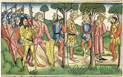 Józsué 10 16-27 Az öt király kivégzése, a „Nürnbergi Bibliából (Biblia Sacra Germanaica)” (színes fametszet)