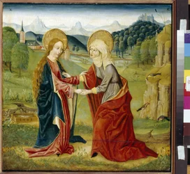 A látogatás. (Szűz Mária meglátogatja unokatestvérét, Keresztelő Szent Jánossal terhes Szent Erzsébetet). Festmény a Haut Rhin egyik mesterétől (aktív 15. század), olaj, fa