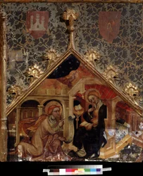 ""Az Angyali üdvözlet" (The Annunciation) Festmény fára a 15. századi német iskola Puskin Múzeumában, Moszkvában