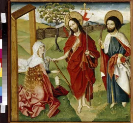 Krisztus, Mária Magdolna és Szent Bertalan (vagy Nátánael, apostol) (Krisztus, Mária Magdolna és Szent Bertalan). Lehet a "Noli me tangere" ábrázolása: a feltámadt Krisztus látomása Szent Mária Magdolnánál. Jézus Krisztus kendőt tart