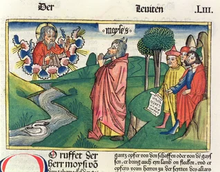 Leviticus 1 1-7 Az áldozatok törvénye, a nürnbergi Bibliából (Biblia Sacra Germanaica) (színes fametszet)