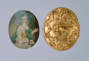 Medál Wilhelmine miniatűrjével, mint Diana, 18. század közepe (aranyozott sárgaréz, elefántcsont és üveg)