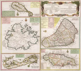 Térkép angol gyarmatokról a Karib-térségben, kocsma. Homanns Heirs, Nürnberg, 1750 körül (a részletekért lásd: 101837-38)