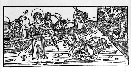 Szmirnai Szent Polikárp mártíromsága (kb. 69-155), eveque. Metszet a Voragine-i Jacobus (James) (1228-1298) „Leben der Heiligen – Sommerteil (a szent könyve)” című művéből