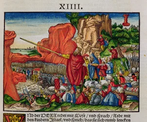 Mózes átkel a Vörös-tengeren, a Luther-bibliából, 1530 körül (színes fametszet)
